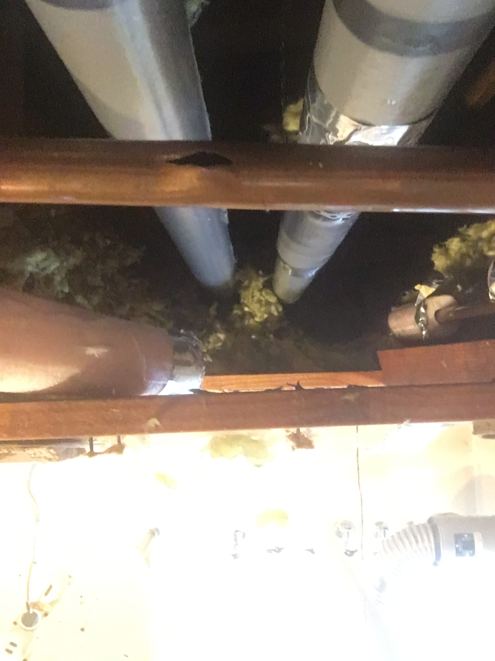 天井裏水道管が凍結で破裂　銅管